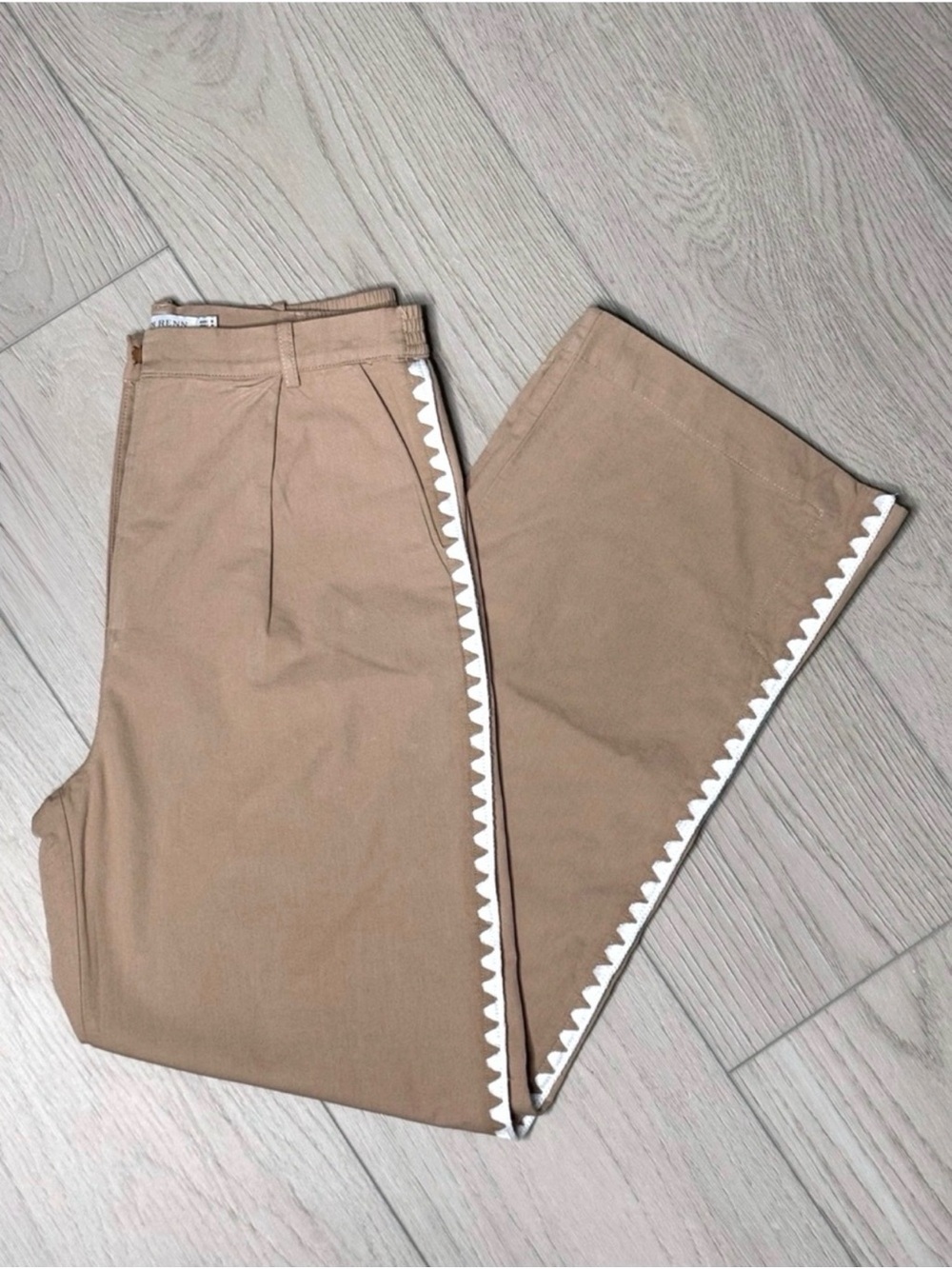 MON RENN Lisle Pants High Waist Embroidered Side Seam Tencel Cotton Tan Size 8